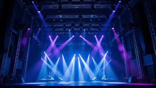演唱会舞台场景,歌手正在进行表演,背景灯光绚丽多彩,专业音响设备